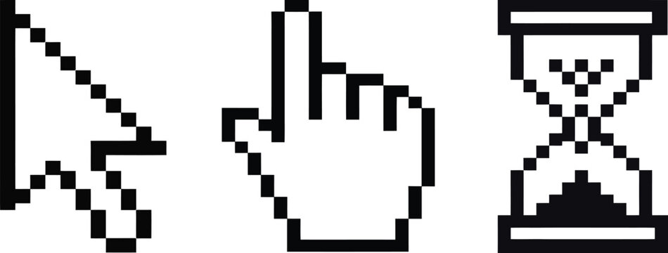 Pixelated computer cursor pointing hand and hourglass icons on a white background simple digital interface elements 8 bit bitmap technology electronic device