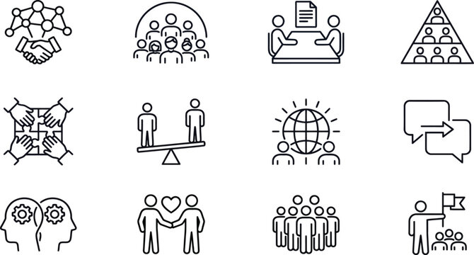 Line art icons depicting business collaboration teamwork and global connections on a white background partnership agreement handshake meeting network world map
