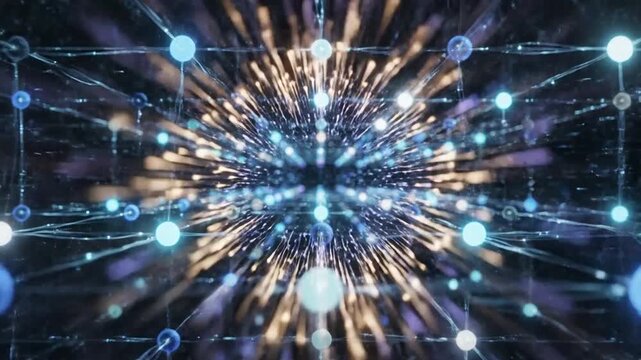 Central bright starburst of orange and yellow light surrounded by a structured network of glowing blue and white spheres and connecting lines in a dark setting
