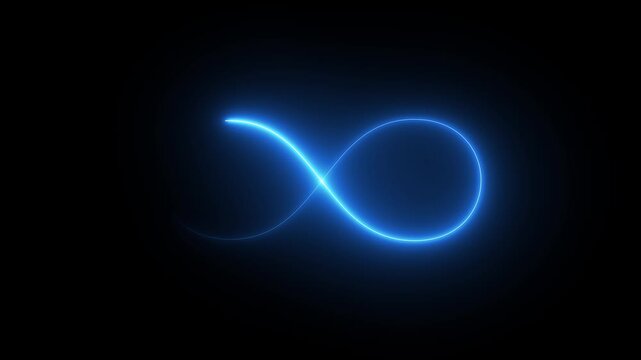 Glowing infinity sign on black background. Animation of seamless loop Neon glowing blue light isolated on black background. Eternity concept. Mathematical symbol Infinity symbol appears of multiple