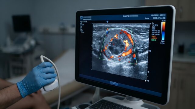 Medical ultrasound screen showing a testicular examination with color doppler mapping displaying blood flow and a hypoechoic lesion, while a sonographer's gloved hand holds the diagnostic probe