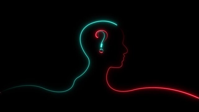 Red and Blue Neon Glowing Human Profile with Question Mark Animation, Psychology and Decision Making Concept Loop