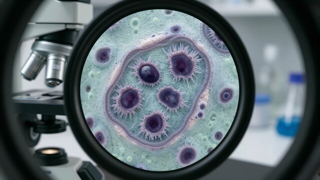 Cytological analysis of a pap smear slide displaying abnormal squamous cells with irregular borders and large nuclei, representing diagnostic pathology and cervical health screening in lab settings