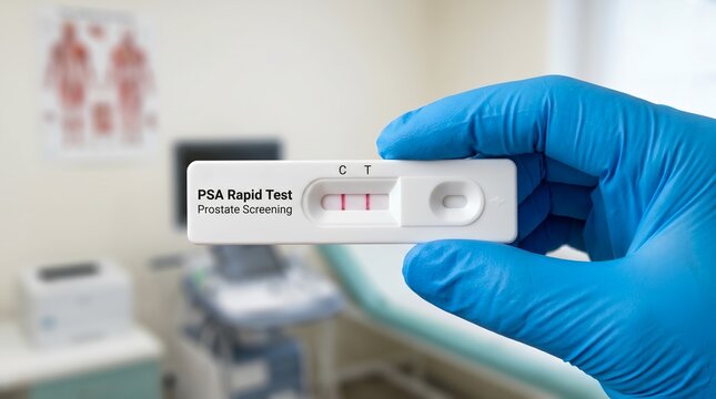 Professional close-up of a gloved hand performing a psa rapid test in a laboratory, illustrating prostate screening, diagnostic analysis, and modern healthcare medical testing protocols for stock