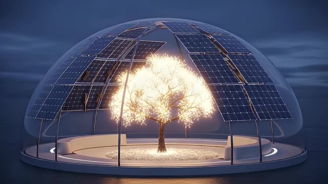 Illuminated tree inside solar dome structure modern design