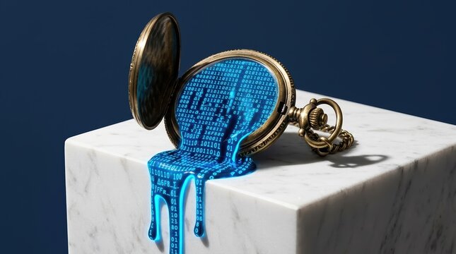 Vintage pocket watch with digital binary code spilling out on marble block