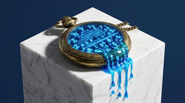Vintage pocket watch with digital code on marble pedestal