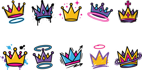 Colorful royal crowns and graffiti street art tiaras vector illustration collection featuring neon dripping paint ink splatters halos stars and bold majestic symbols  © MstMonjila