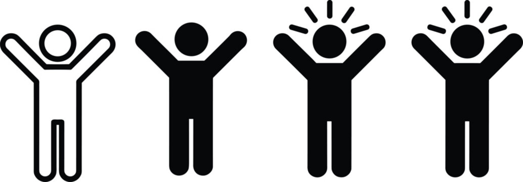 Minimalist excited stickman vector icon collection with arms raised for winners motivation active lifestyle personal growth and achievement