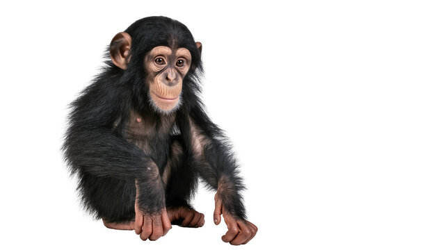 Young chimpanzee sitting, looking forward with curiosity