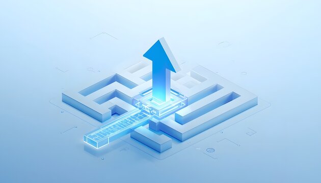 Navigating a digital transformation maze with a glowing forward arrow in a modern isometric style