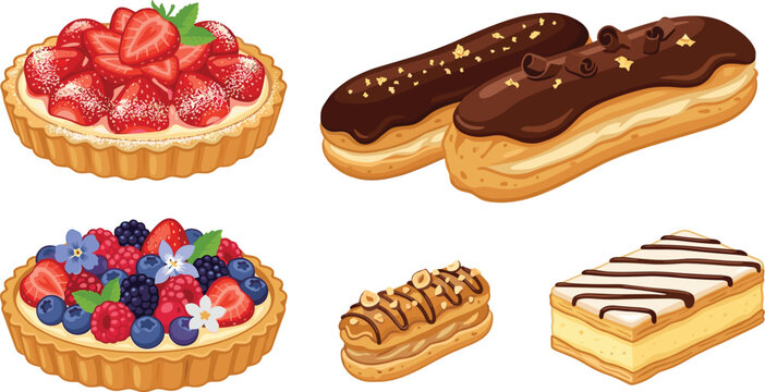 French Pastry Collection with Strawberry Tart, Chocolate Eclair, Berry Tart, and Mille Feuille Realistic Vector Illustration