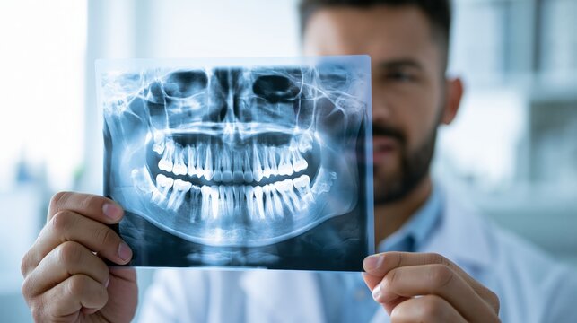 A dentist holding a panoramic dental X-ray showing all teeth, roots, jaw bones, and sinuses against a lit lightbox in a dental clinic.