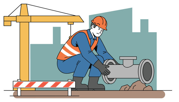 Dedicated construction worker in an orange safety helmet and vest installing a heavy metal water pipe at a building site.