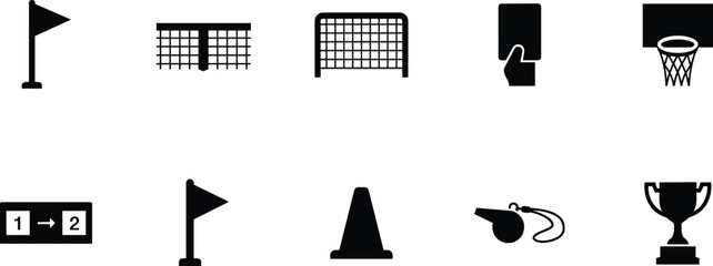 Sports tournament and game competition black silhouette icons collection featuring referee card whistle trophy basket goal net cone scoreboard and corner flags  © MstMonjila