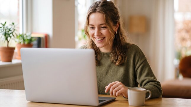 Cheerful young blonde woman in green sweater smiling while working on laptop at home table, freelance lifestyle concept