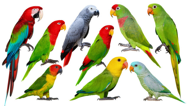 Collection of colorful parrots and parakeets