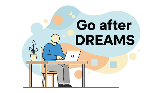 Hardworking freelancer sitting at a desk and focused on his laptop screen with motivational text in the background.