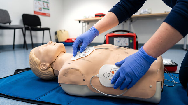 Hands in medical gloves applying automated external defibrillator AED electrode pads onto a CPR training manikin torso during a first aid and resuscitation class