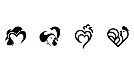 Rooster silhouettes with heart shapes black vector illustration on white background © AchmadFadhil