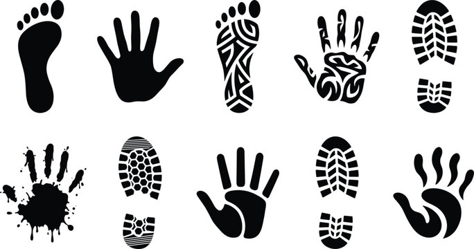 Human handprints and footprints black silhouette icons set featuring bare feet hand palms shoe sole tracks tribal pattern print and grunge ink splatter
