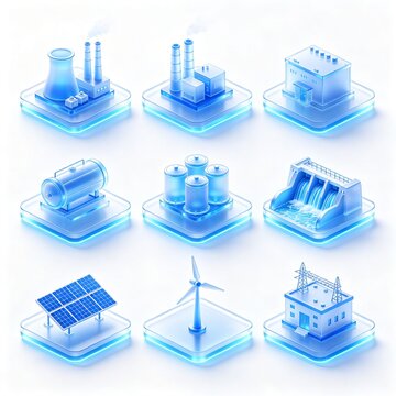Isometric Renewable Energy and Modern Industry Icon Set with Blue Transparent 3D Platforms