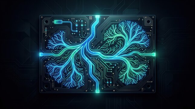 Artificial intelligence brain integrated onto a circuit board. Neural network processing unit. Digital computing architecture representing machine learning, futuristic technology and big data