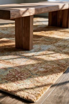 Minimalist solid walnut bench over vintage rug with natural sunlight, Scandinavian interior detail