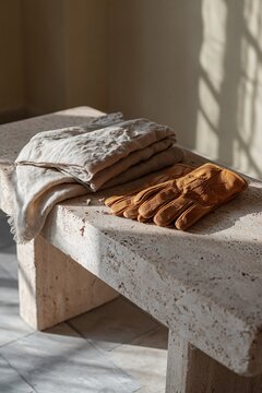 Elegant still life featuring premium brown leather gloves resting on folded natural linen fabric atop a handcrafted travertine bench.