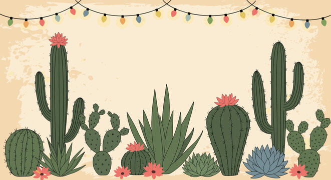 Festive desert landscape background featuring a diverse array of green cacti and succulents with vibrant blossoms, illuminated by colorful string lights overhead, on a rustic textured backdrop.