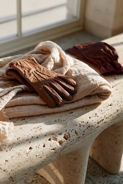 Leather gloves on folded linen fabric atop travertine bench, cozy minimalist interior