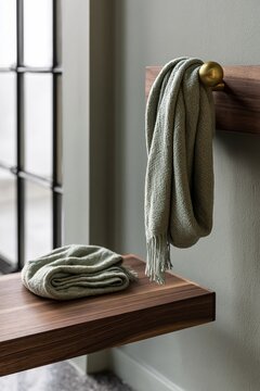 Folded linen towel and hanging scarf on walnut rack with brass hooks in minimalist interior