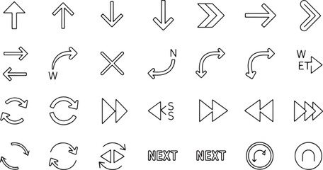 Fototapeta premium Basic arrow icons and directional symbols for navigation, direction, and user interface design.