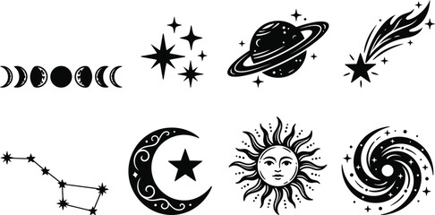 Collection of Celestial Moon Stars Sun and Planet Black Silhouette Vector Icon Set © MstRupali