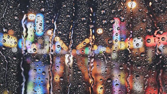 Close up of raindrops on a window pane with blurred colorful city lights in the background creating a bokeh effect