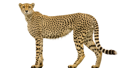Cheetah standing profile view with spotted fur and striped tail © Cressida