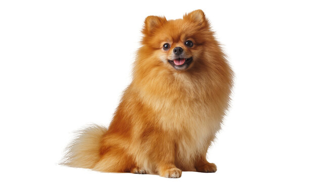 Fluffy orange Pomeranian dog sitting with tongue out
