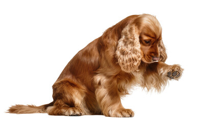 Golden Cocker Spaniel dog sitting with paw raised © Cressida