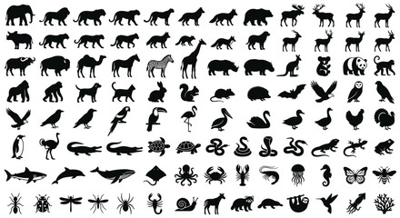 Animals silhouette vector icons mega set featuring wild wildlife safari birds marine ocean sea creatures insects forest fauna collection isolated © MDBIPLOB