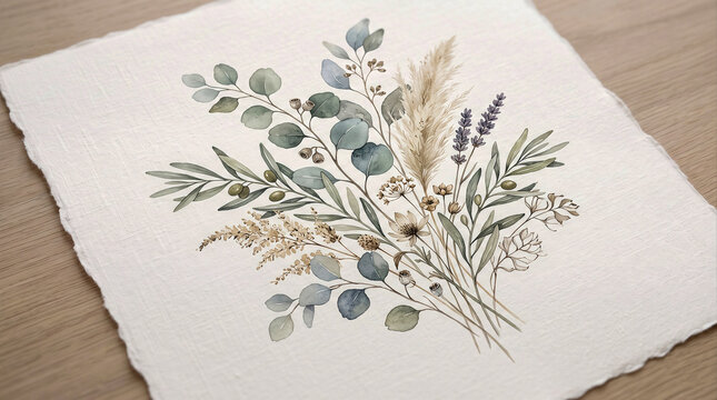 Hand painted botanical watercolor illustration bouquet on textured deckle edge handmade paper sheet