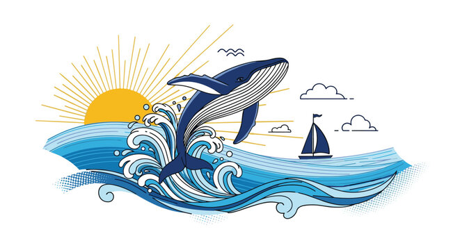 Majestic illustration of a blue whale powerfully jumping out of dynamic ocean waves, set against a radiating sunburst sky, with a sailboat calmly sailing in the distant background.