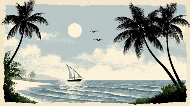 Vintage style illustration of a sailboat on the ocean with palm trees silhouettes and flying birds at sunset