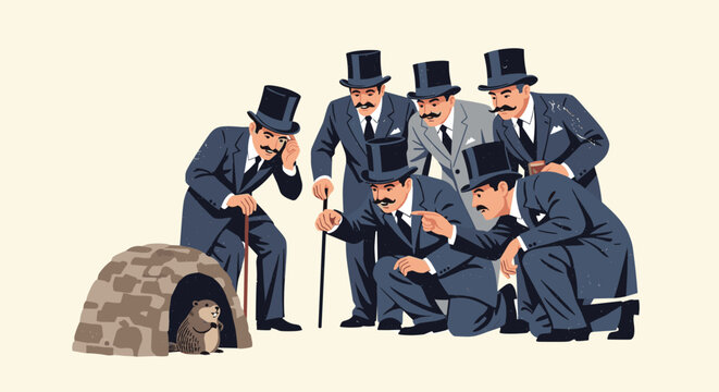 Gentlemen in top hats and suits observing a groundhog emerging from its burrow, symbolizing the Groundhog Day tradition and anticipation of spring weather.
