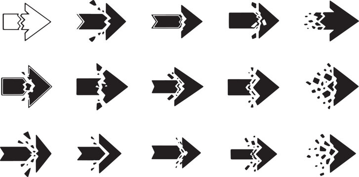 Set of broken arrow icons with shattered effect in various stages of destruction for graphic and web design elements.