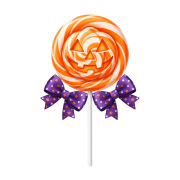 Delicious rolled candy lollipop with purple ribbon tied on a stick