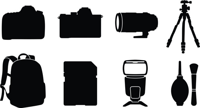 Professional Photography Equipment and Camera Gear Silhouette Icons Set for Vector Graphic Design