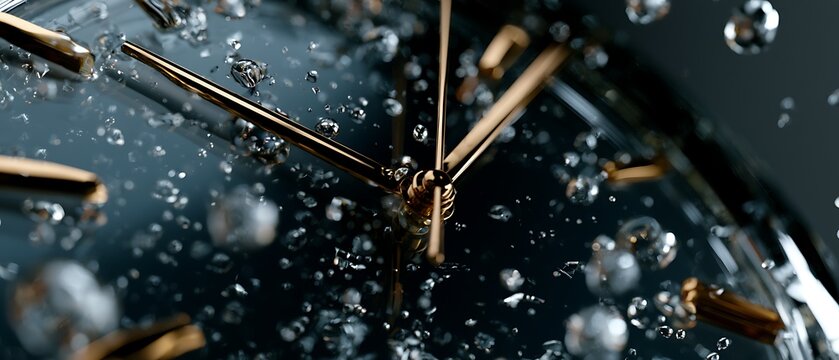 Close up of luxury watch face with water droplets.