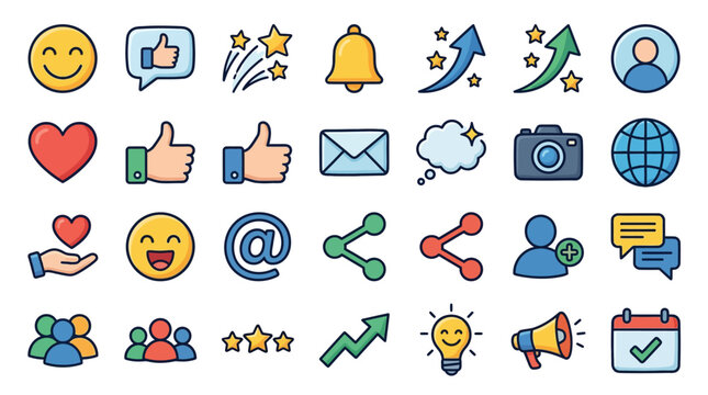 Hand Drawn Social Media Emoji Set with Smiley Faces Speech Bubbles Stars Likes Notifications Arrows and Editable Strokes for Digital Design Projects