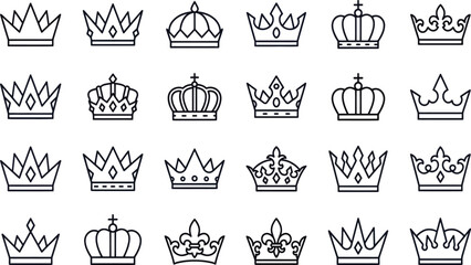Collection of black line art crowns on a white background showcasing various regal headwear designs tiaras regalia royal monarchy kingdom © DESIGN SHOP