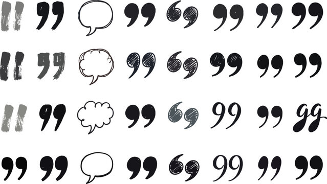 Collection of hand drawn quotation marks and speech bubbles black ink on white background balloon quote inverted commas dialogue conversation